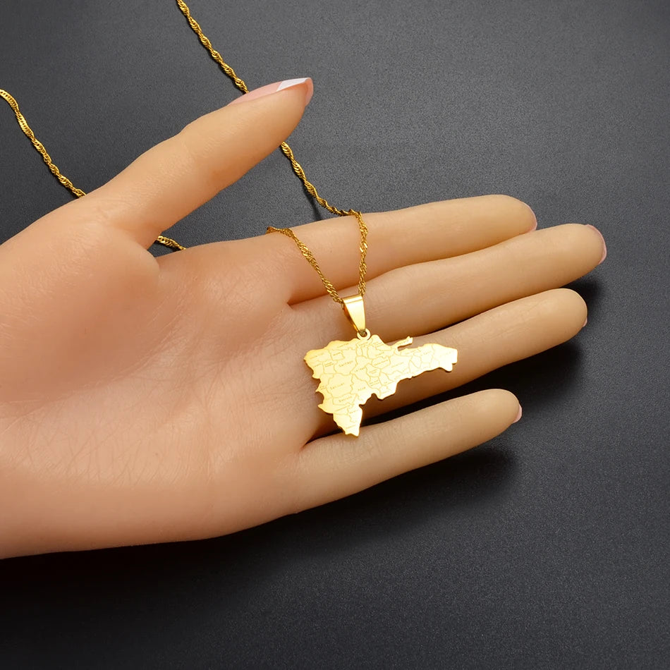 Dominican Republic Map Pendant Necklace – Gold/Silver Color, City Names Jewelry