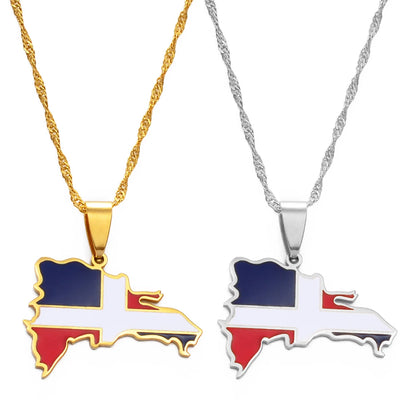 Dominican Republic Map Pendant Necklace – Multicolor Flag, Country Jewelry in Silver/Gold