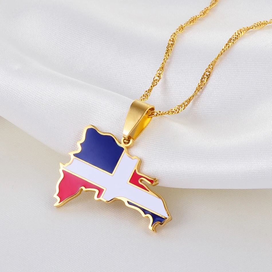 Dominican Republic Map Pendant Necklace – Multicolor Flag, Country Jewelry in Silver/Gold