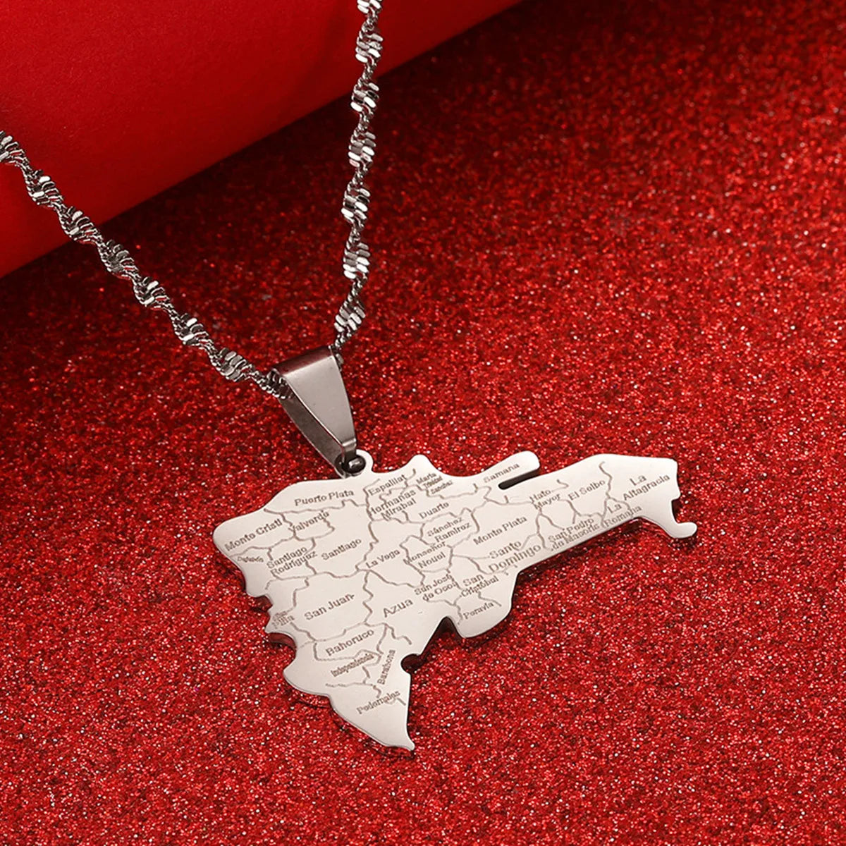 Stainless Steel Dominican Map Pendant Necklaces