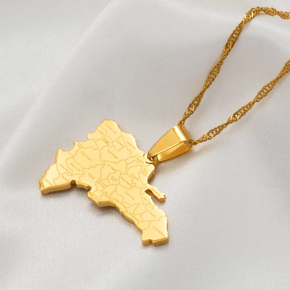 Dominican Republic Map Pendant Necklace – Gold/Silver Color, City Names Jewelry