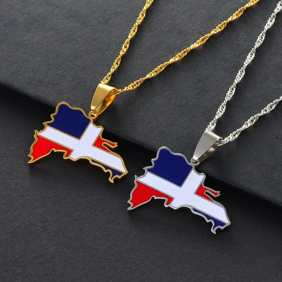 Dominican Republic Map Pendant Necklace – Multicolor Flag, Country Jewelry in Silver/Gold