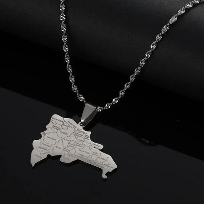 Stainless Steel Dominican Map Pendant Necklaces