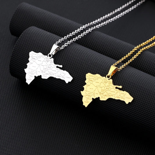 Dominican Republic Map City Pendant Necklace – Stainless Steel Jewelry for Men and Women, Gold/Steel Color