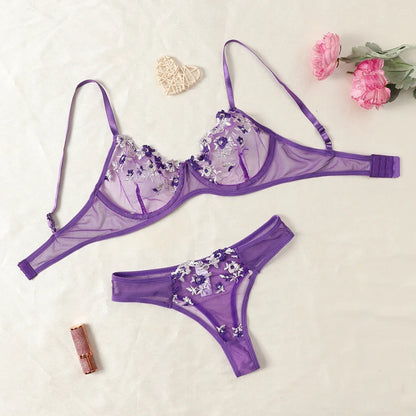 Sexy Lace Lingerie Set - Push Up Bra & Panty, Semi-Sheer, Flower Embroidery