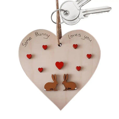 Rustic Heart Shape Wooden Wall Decor: Couples Birds & Bunny Design