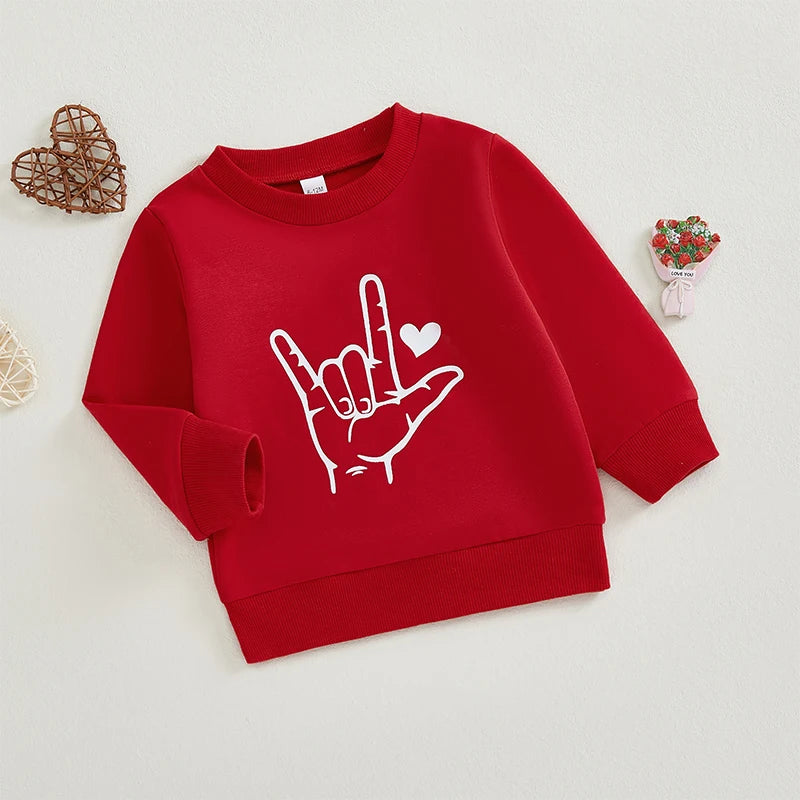 Kids Sweatshirts - Finger Heart Print, Crew Neck, Long Sleeve, Fall/Winter Pullover