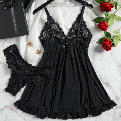 Sexy Lingerie Set - Push Up Bra, Lace Ruffle Trim, Deep V Slip Dress & Thong