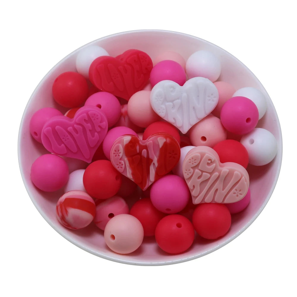 85pcs Valentine's Day Silicone Beads Set - Heart & Round Spacer Beads for Jewelry Making