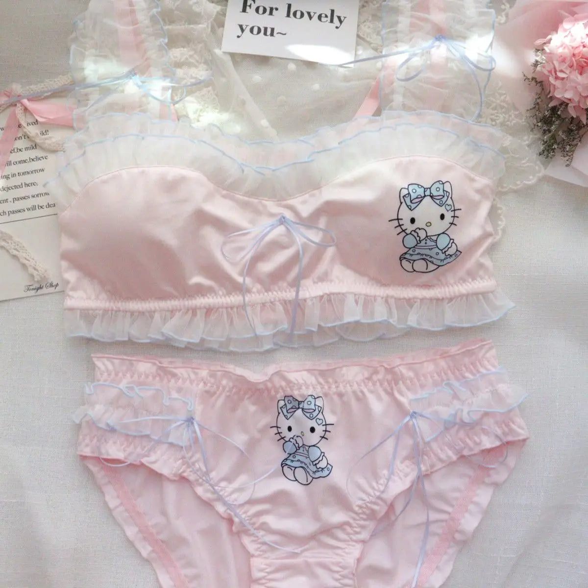 Sanrio Sweet Hello Kitty Lingerie Set - Ruffles Edge, Cute Cartoon Bra & Briefs