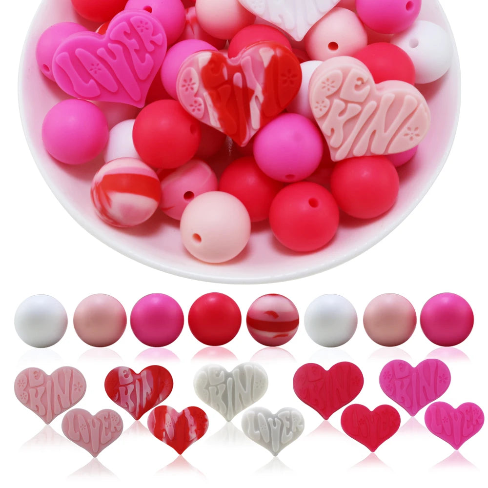 85pcs Valentine's Day Silicone Beads Set - Heart & Round Spacer Beads for Jewelry Making