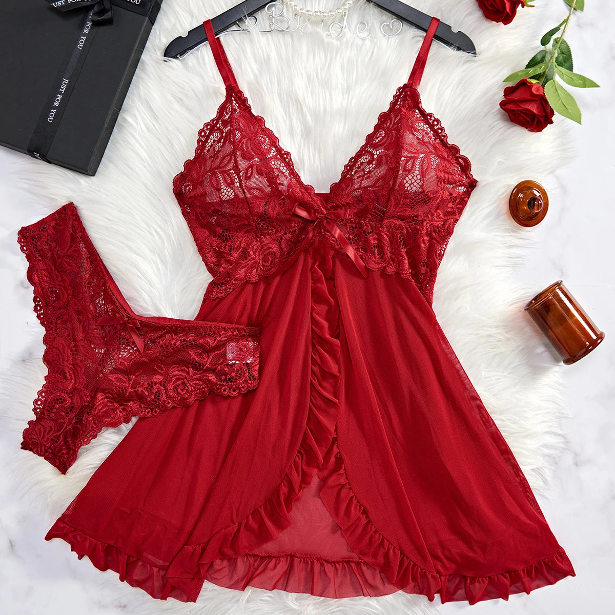 Sexy Lingerie Set - Push Up Bra, Lace Ruffle Trim, Deep V Slip Dress & Thong