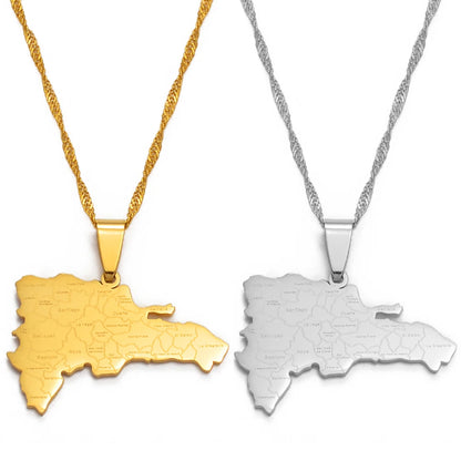 Dominican Republic Map Pendant Necklace – Gold/Silver Color, City Names Jewelry