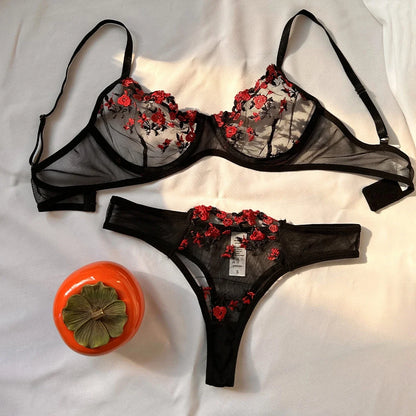 Sexy Lace Lingerie Set - Push Up Bra & Panty, Semi-Sheer, Flower Embroidery