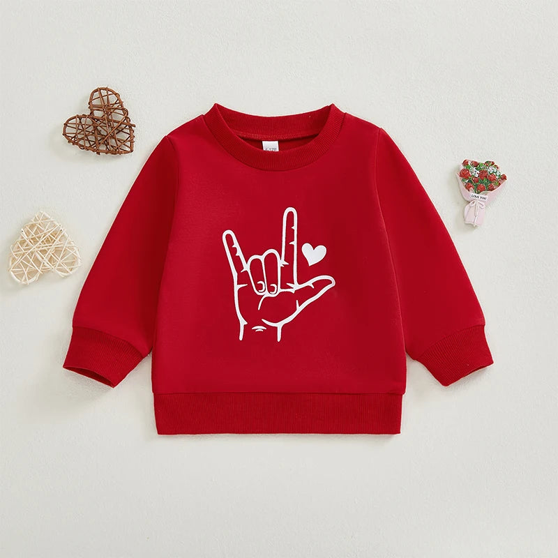 Kids Sweatshirts - Finger Heart Print, Crew Neck, Long Sleeve, Fall/Winter Pullover