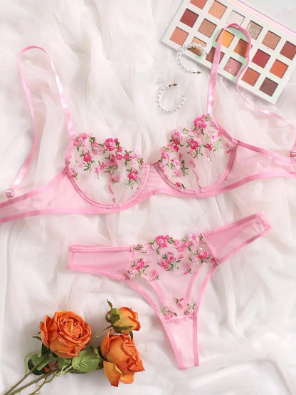 Sexy Lace Lingerie Set - Push Up Bra & Panty, Semi-Sheer, Flower Embroidery