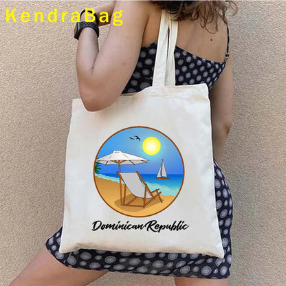 Dominican Republic Flag & Sunset Canvas Tote Bag – Punta Cana, Santo Domingo, Eco-Friendly Shopper Handbag