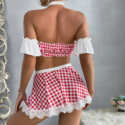 6 Pieces Women Lingerie Cosplay Plaid Red