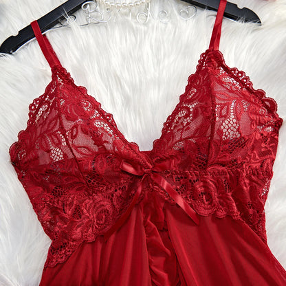 Sexy Lingerie Set - Push Up Bra, Lace Ruffle Trim, Deep V Slip Dress & Thong