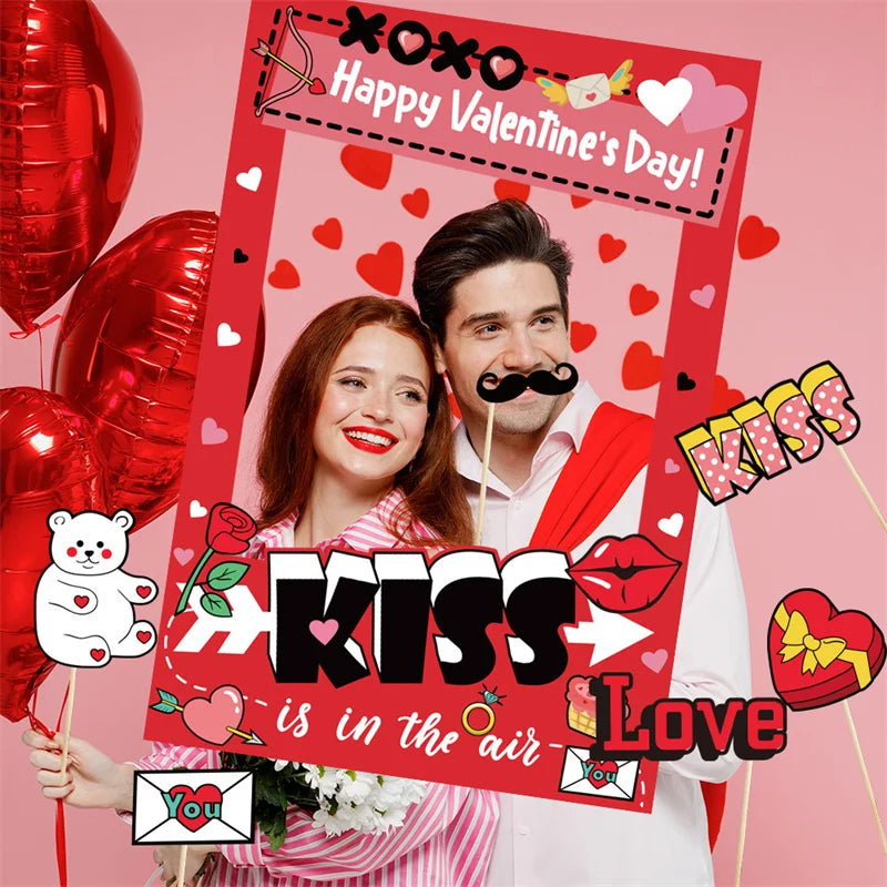 Valentine's Day Photo Booth Props - Romantic Selfie Frame & Props Set