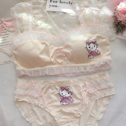 Sanrio Sweet Hello Kitty Lingerie Set - Ruffles Edge, Cute Cartoon Bra & Briefs