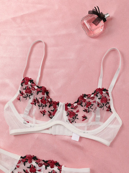 Sexy Lace Lingerie Set - Push Up Bra & Panty, Semi-Sheer, Flower Embroidery