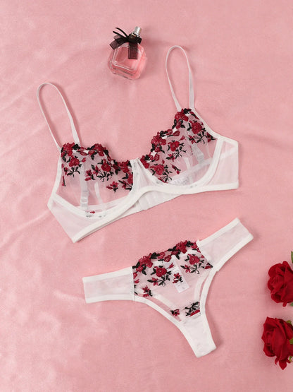 Sexy Lace Lingerie Set - Push Up Bra & Panty, Semi-Sheer, Flower Embroidery