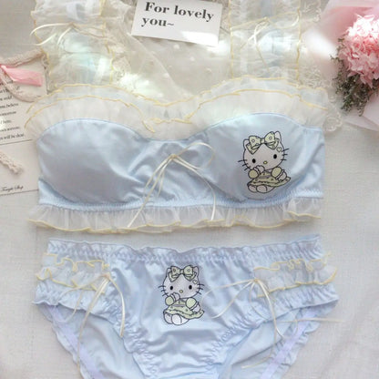 Sanrio Sweet Hello Kitty Lingerie Set - Ruffles Edge, Cute Cartoon Bra & Briefs