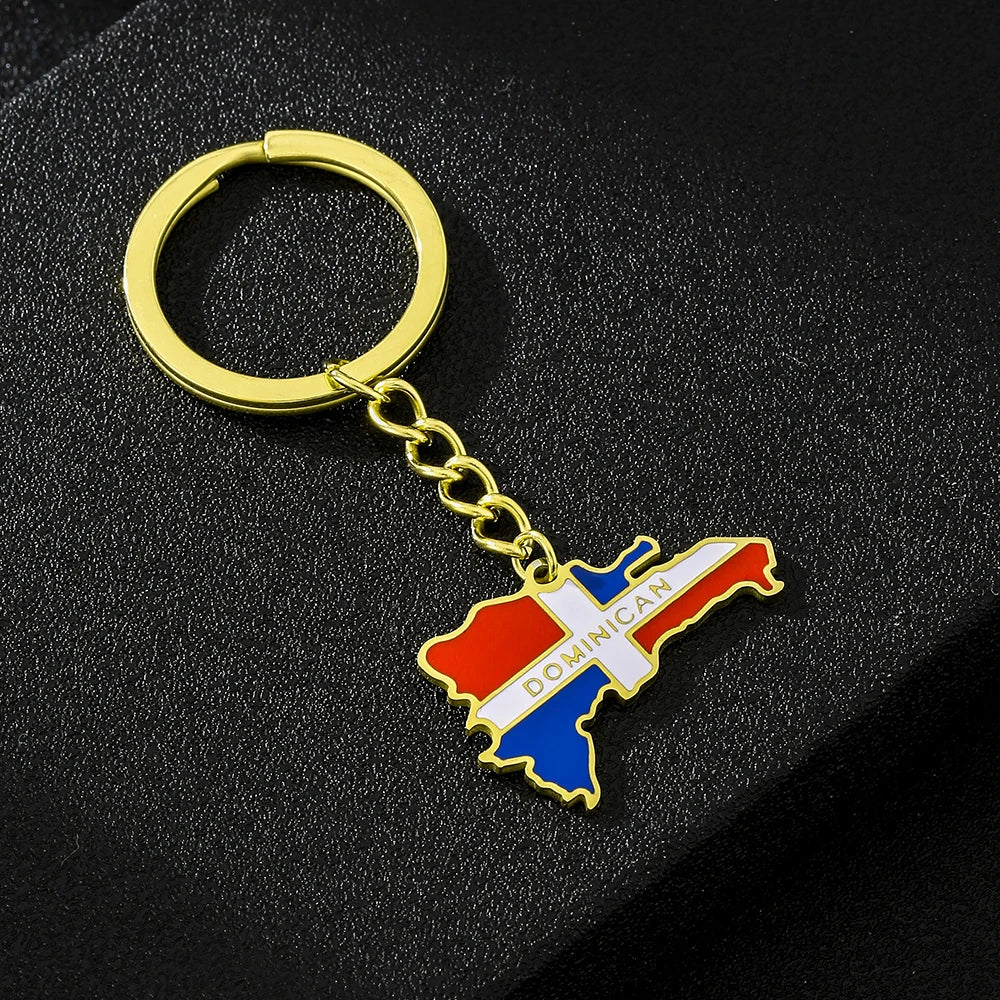 Dominican Republic Map Flag Key Chain – Stainless Steel Keyring Jewelry Gift for Men and Women