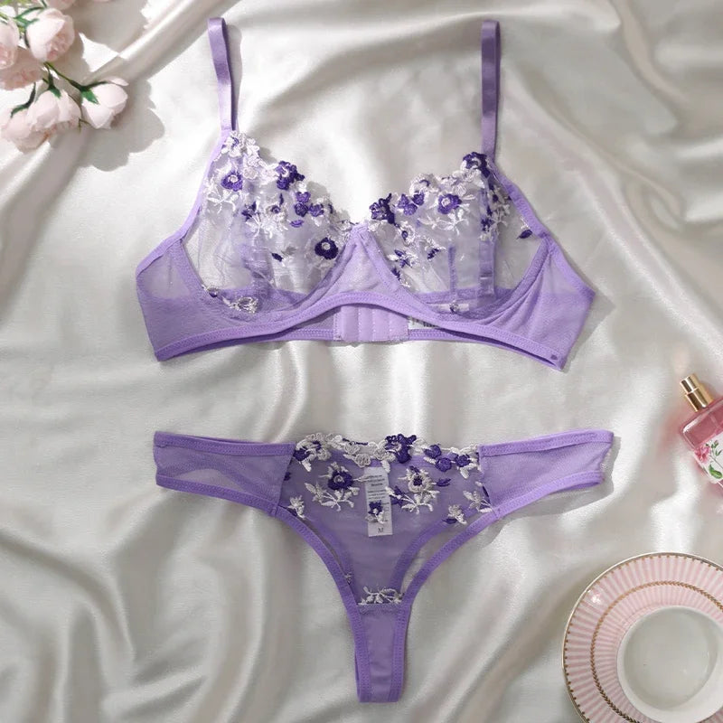 Sexy Lace Lingerie Set - Push Up Bra & Panty, Semi-Sheer, Flower Embroidery