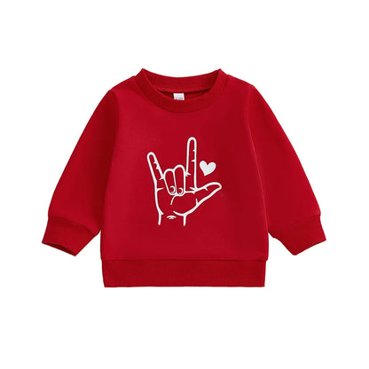 Kids Sweatshirts - Finger Heart Print, Crew Neck, Long Sleeve, Fall/Winter Pullover