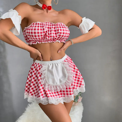 6 Pieces Women Lingerie Cosplay Plaid Red