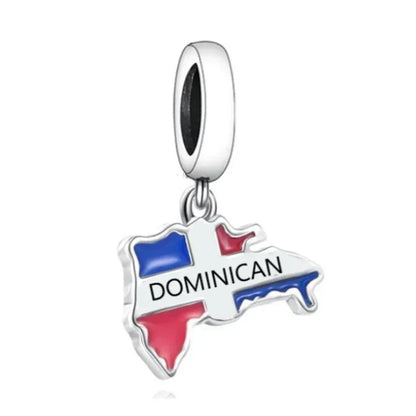 Real 925 Sterling Silver Pan Charms Bracelet – Dominican Republic Flag Map Enamel Bead for Women