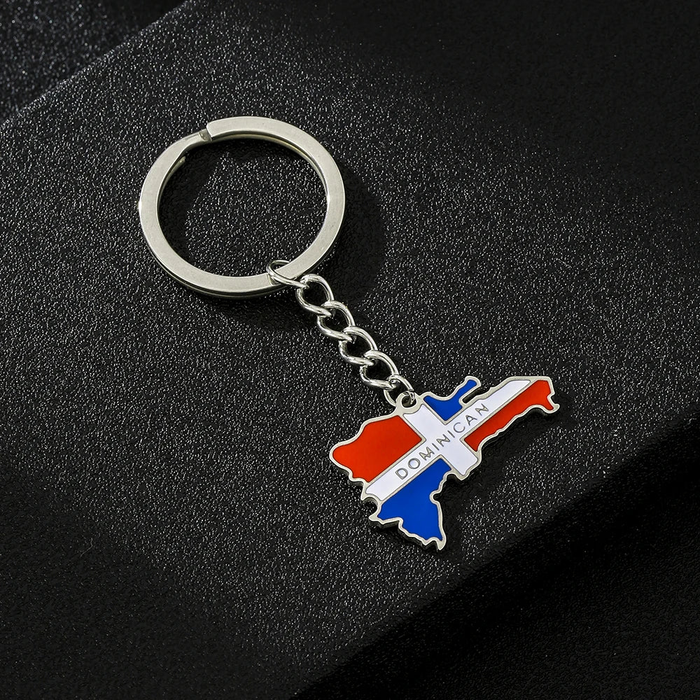 Dominican Republic Map Flag Key Chain – Stainless Steel Keyring Jewelry Gift for Men and Women