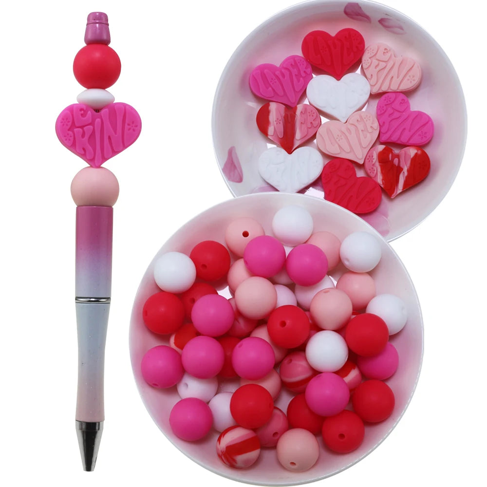 85pcs Valentine's Day Silicone Beads Set - Heart & Round Spacer Beads for Jewelry Making