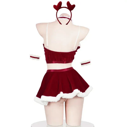 2025 Christmas Santa Claus Cosplay Costume - Top, Skirt, Headband, Red New Year Nightgown