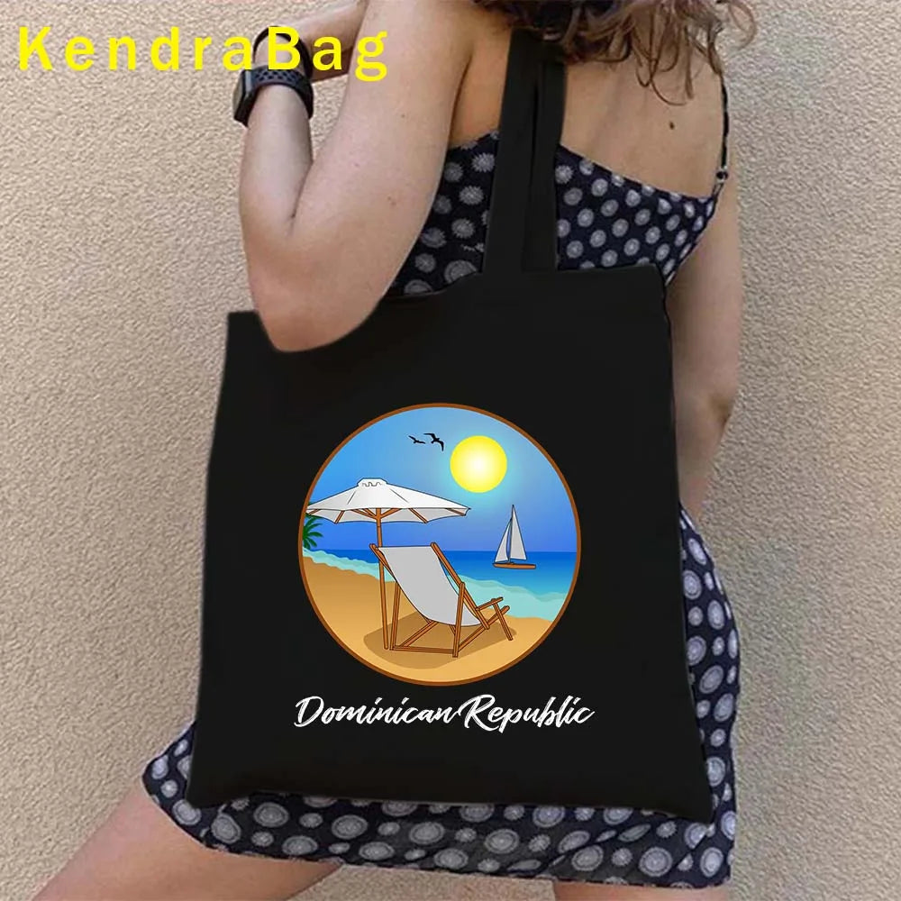 Dominican Republic Flag & Sunset Canvas Tote Bag – Punta Cana, Santo Domingo, Eco-Friendly Shopper Handbag