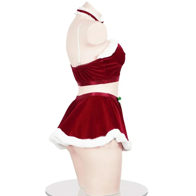 2025 Christmas Santa Claus Cosplay Costume - Top, Skirt, Headband, Red New Year Nightgown