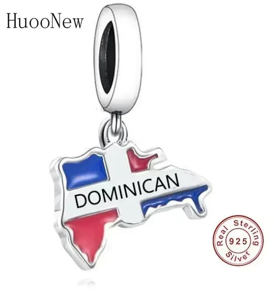 Real 925 Sterling Silver Pan Charms Bracelet – Dominican Republic Flag Map Enamel Bead for Women