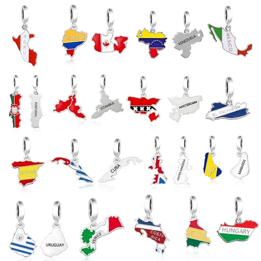 Real 925 Sterling Silver Pan Charms Bracelet – Dominican Republic Flag Map Enamel Bead for Women