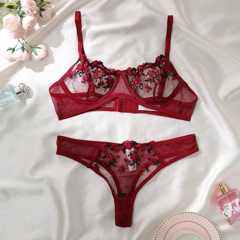 Sexy Lace Lingerie Set - Push Up Bra & Panty, Semi-Sheer, Flower Embroidery