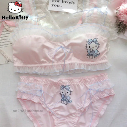 Sanrio Sweet Hello Kitty Lingerie Set - Ruffles Edge, Cute Cartoon Bra & Briefs