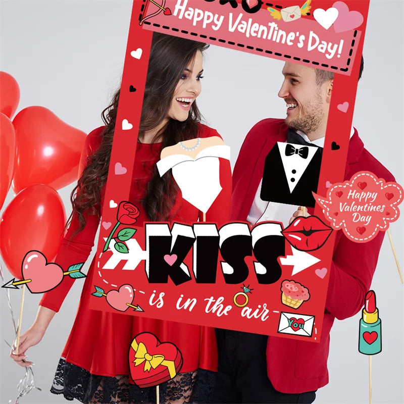 Valentine's Day Photo Booth Props - Romantic Selfie Frame & Props Set