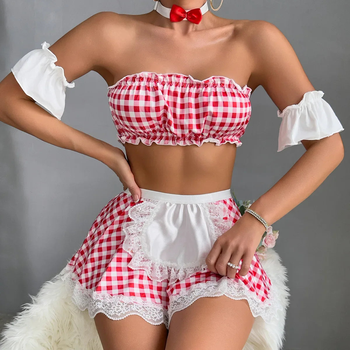 6 Pieces Women Lingerie Cosplay Plaid Red