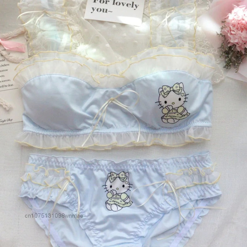 Sanrio Sweet Hello Kitty Lingerie Set - Ruffles Edge, Cute Cartoon Bra & Briefs