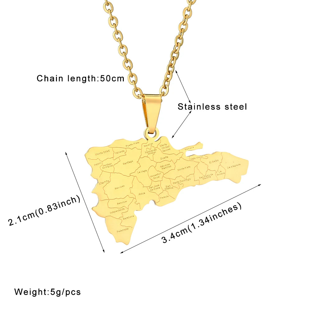 Dominican Republic Map City Pendant Necklace – Stainless Steel Jewelry for Men and Women, Gold/Steel Color