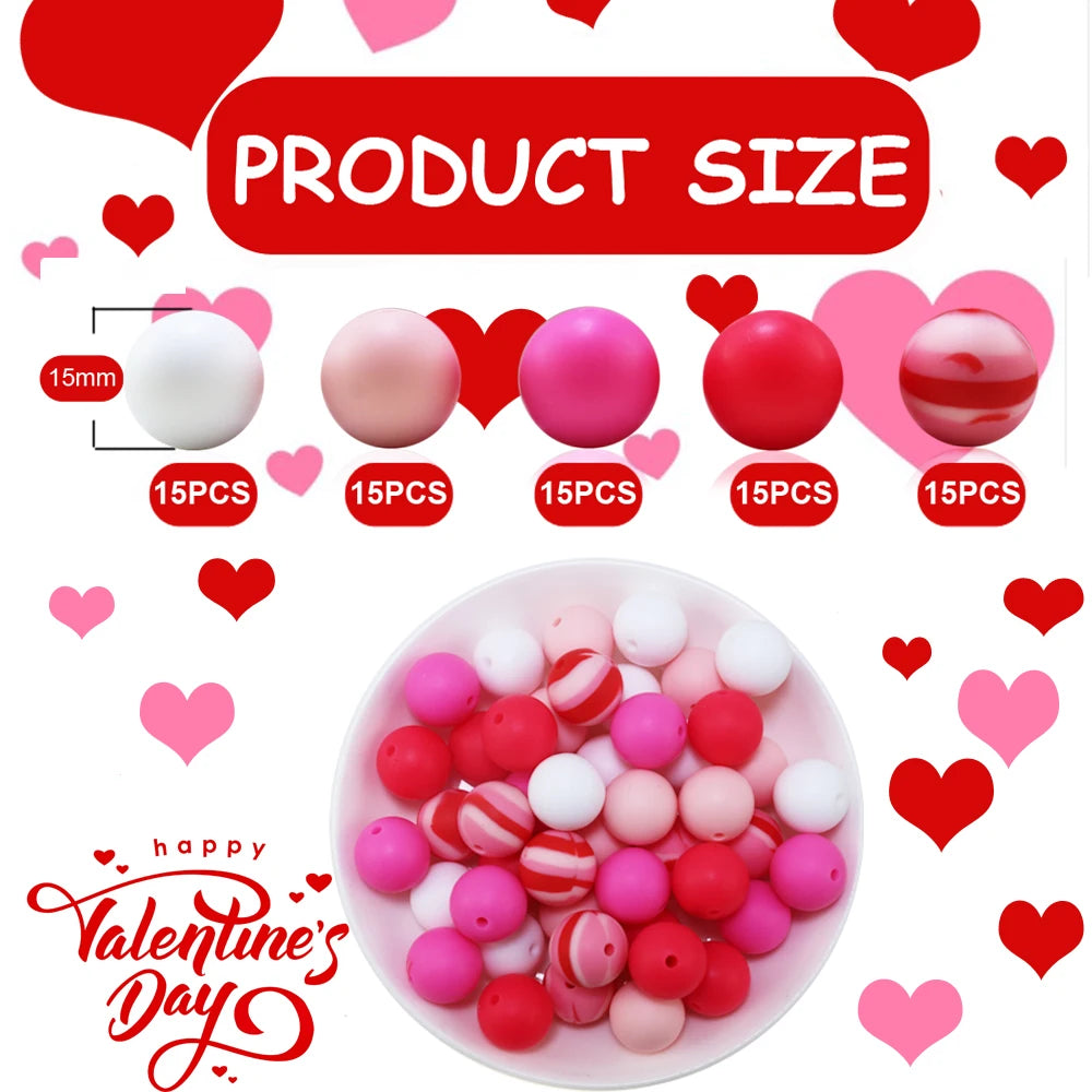 85pcs Valentine's Day Silicone Beads Set - Heart & Round Spacer Beads for Jewelry Making