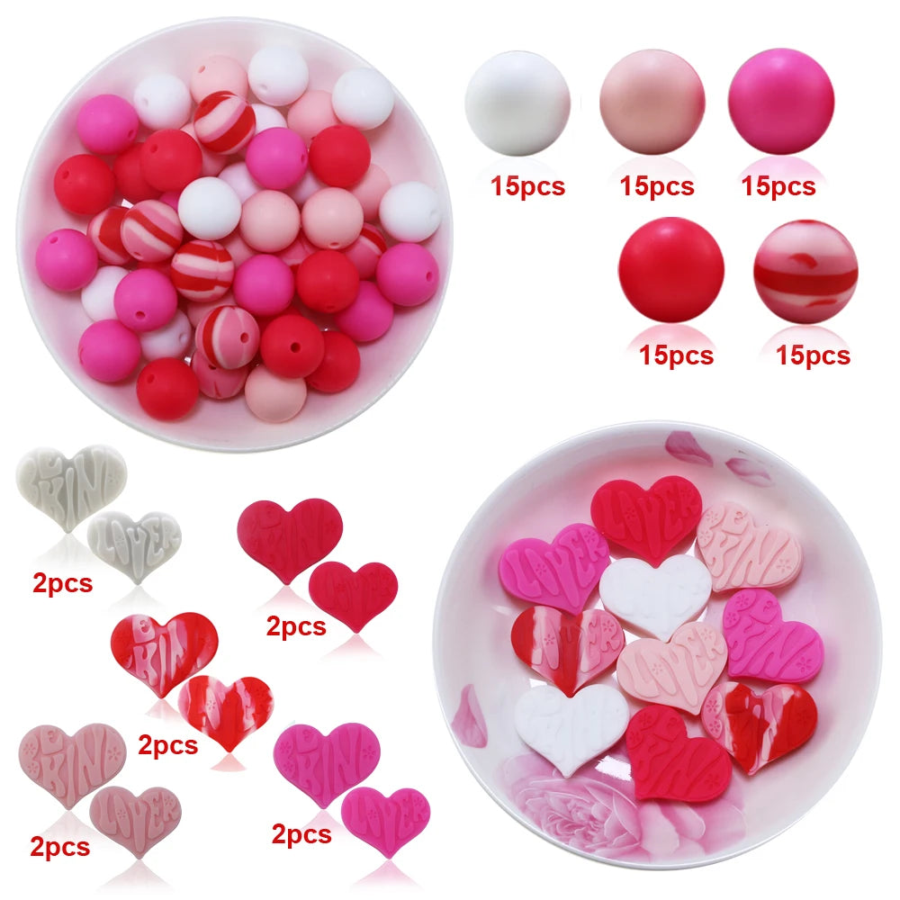 85pcs Valentine's Day Silicone Beads Set - Heart & Round Spacer Beads for Jewelry Making