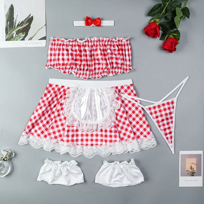 6 Pieces Women Lingerie Cosplay Plaid Red