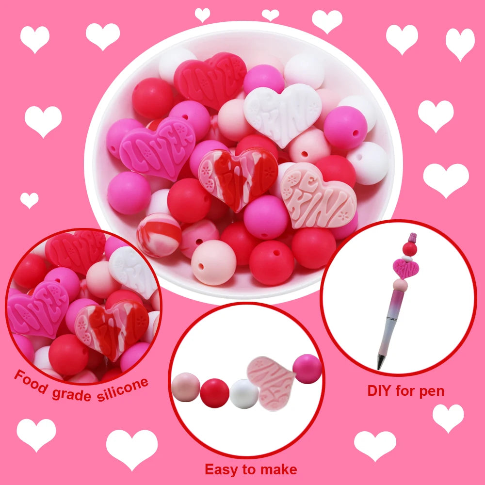 85pcs Valentine's Day Silicone Beads Set - Heart & Round Spacer Beads for Jewelry Making